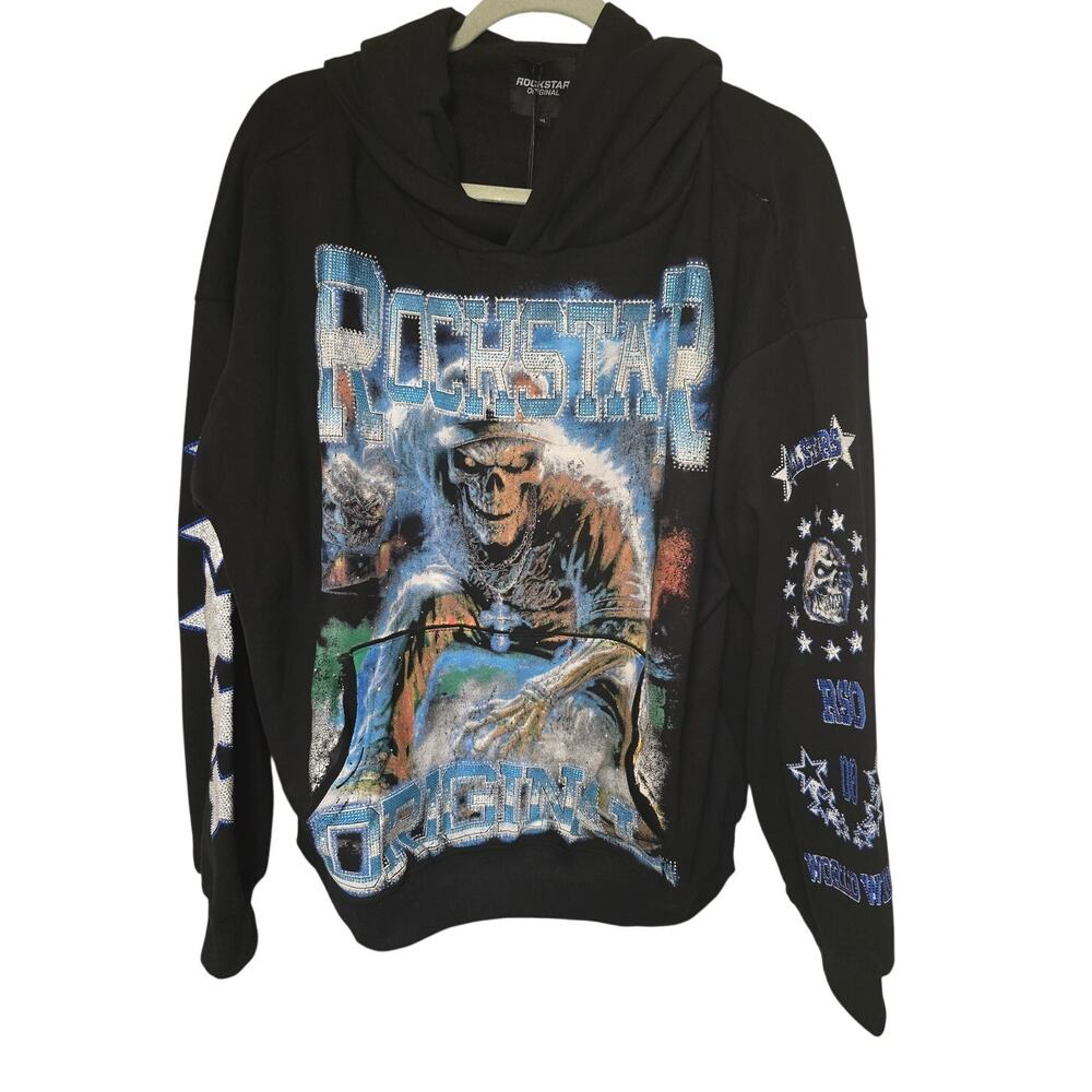 Rockstar Original Mens XL Black Rhinestone Skull Graphic Hoodie NWT NEW